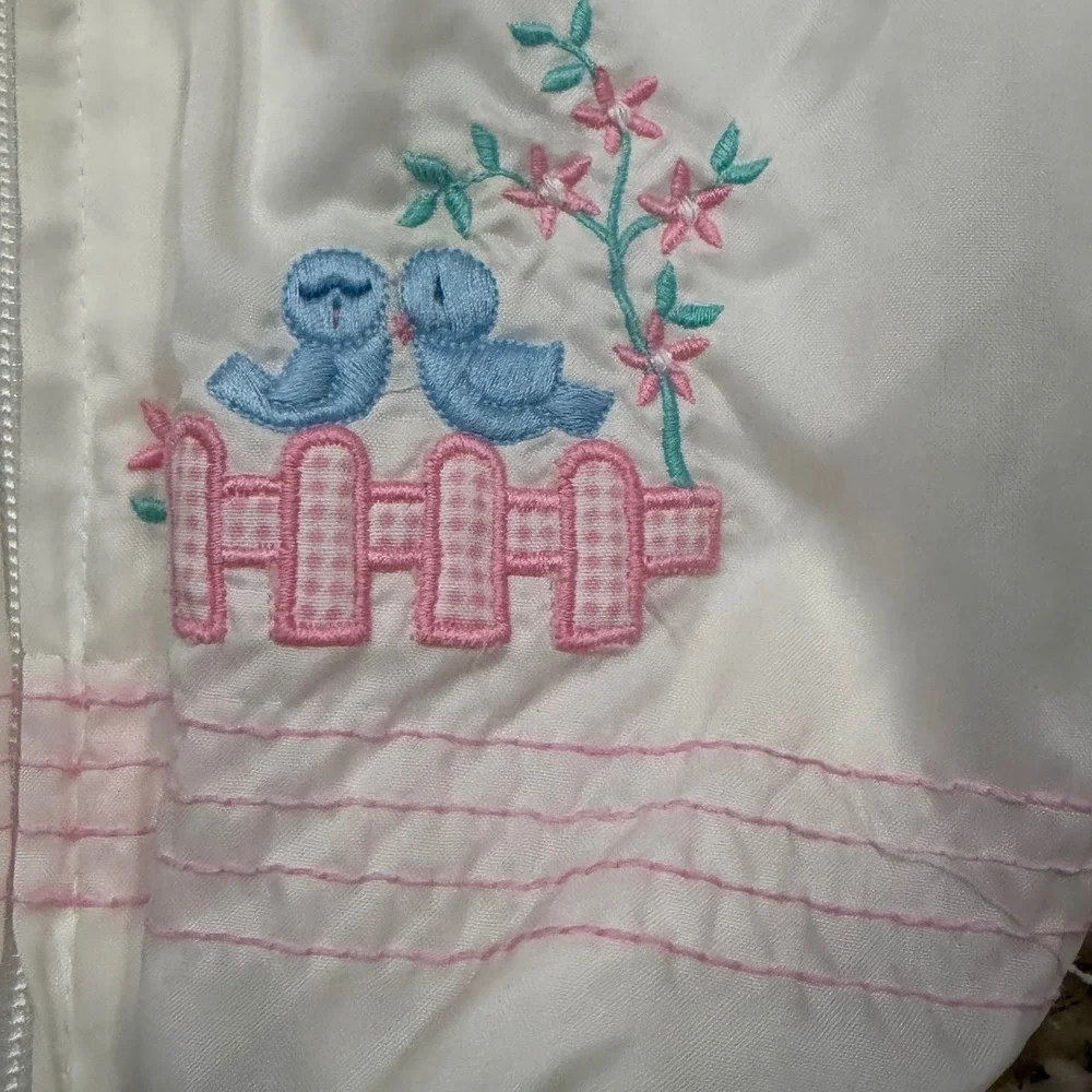 Vintage Baby Girl White Pink Ruffle Bird Windbreaker Jacket Hooded 6-9 Months